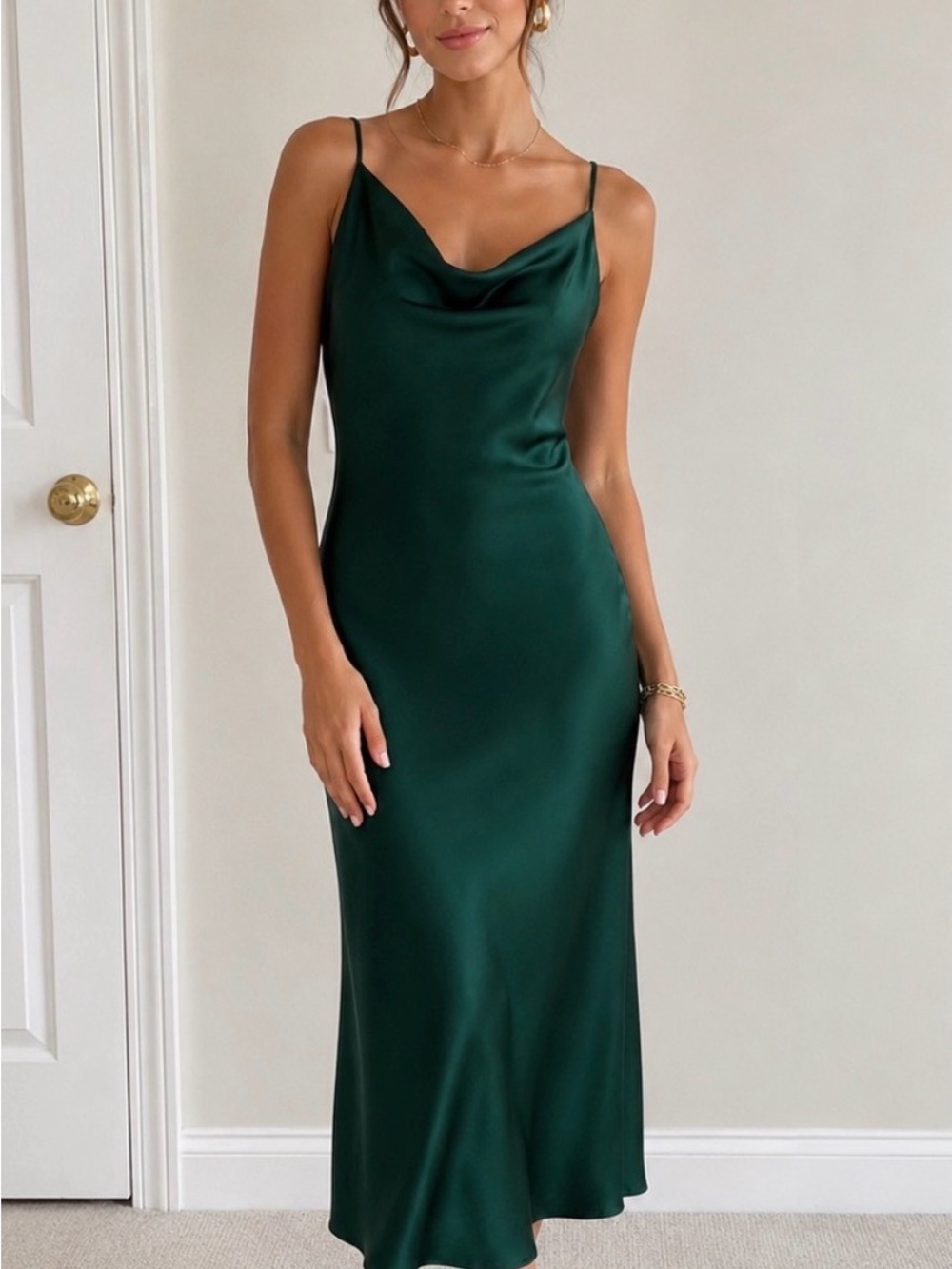 Emerald Green Satin Slip Dress - Women's Evening Dress